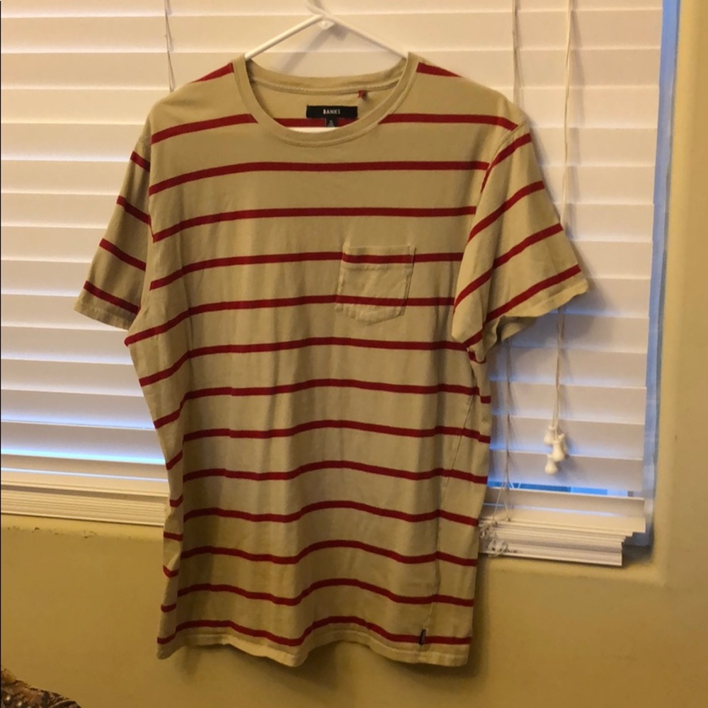 Tan striped T-shirt w/ red stripes